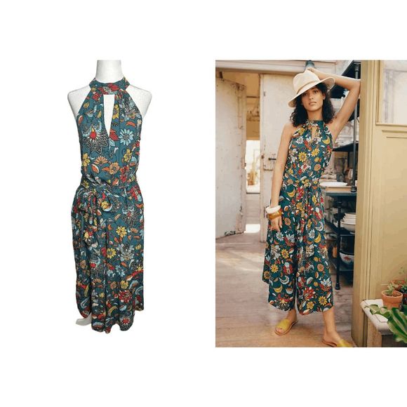 Anthropologie Geneva Floral Green Halter Wide Leg Jumpsuit Size XS Women's - Picture 1 of 9